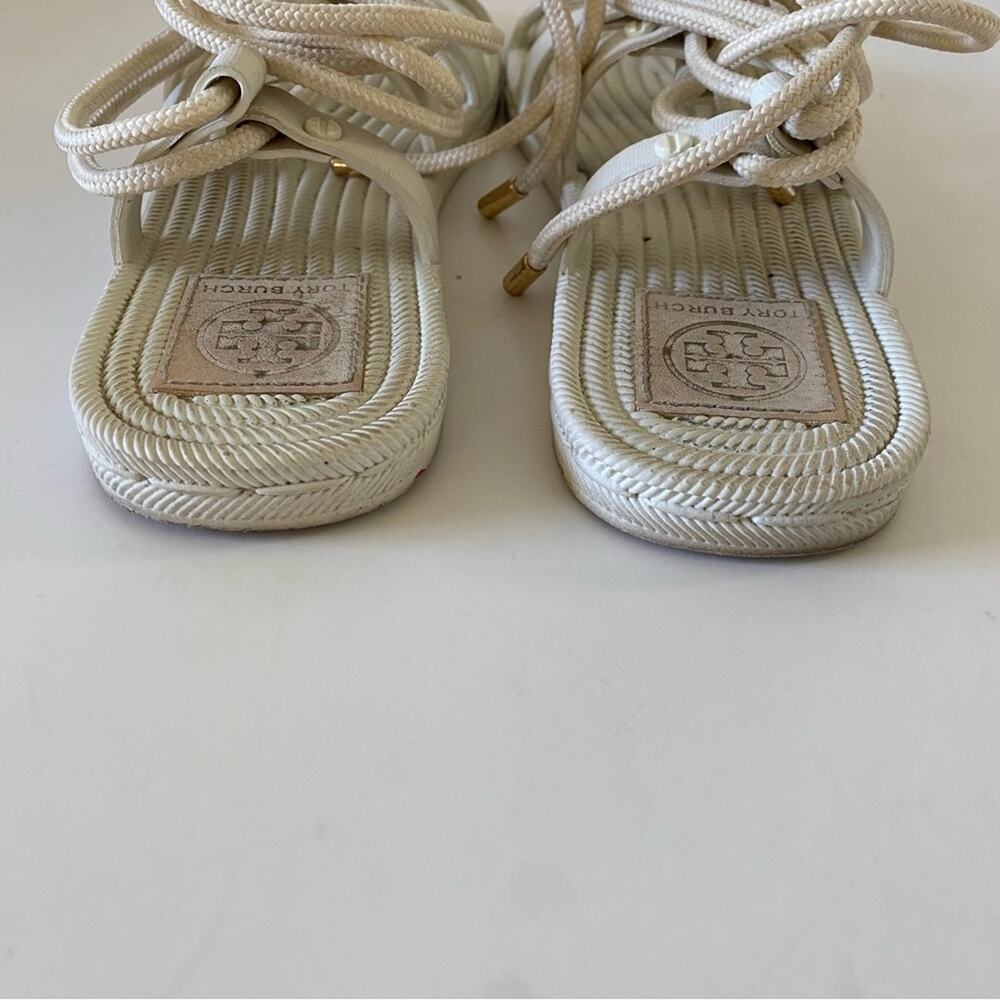 Tory Burch Lace Up Gladiator Rope Strappy Ankle Wrap Flat Sandals Off White - Picture 7 of 10